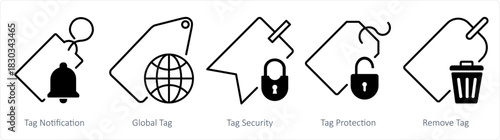 A set of 5 business icons as tag notification, global tag, tag security
