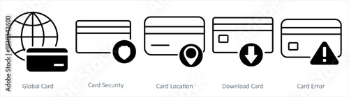 A set of 5 business icons as global card, card security, card location
