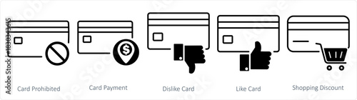 A set of 5 business icons as card prohibited, card payment, dislike card