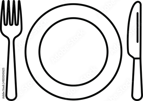 Outline illustration of a dinner setting with a fork, plate, and knife, symbolizing mealtime, dining, and kitchen essentials