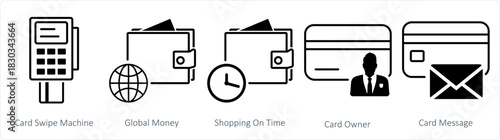 A set of 5 business icons as card swipe machine, global money, shopping on time