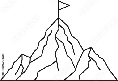 Minimalist black outline illustration of a mountain peak with a flag planted at the summit, symbolizing achievement, success, goals, and overcoming challenges