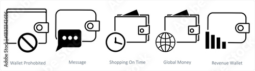 A set of 5 business icons as wallet prohibited, message, shopping on time