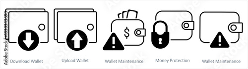 A set of 5 business icons as download, wallet, upload wallet