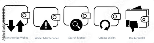 A set of 5 business icons as synchronize wallet, wallet maintenance, search money