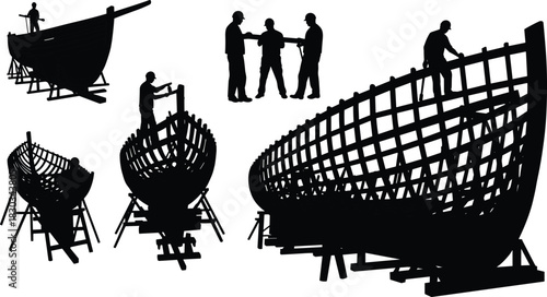 Silhouette of workers constructing wooden boat frame in shipyard using tools and teamwork during traditional boat building and maritime craftsmanship process