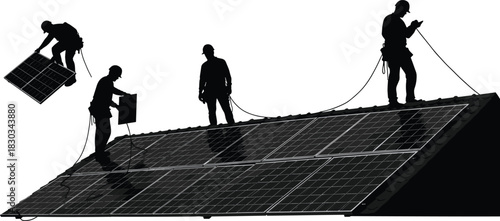 Silhouette of workers installing solar panels on roof, renewable energy installation teamwork and green power technology concept on white background illustration