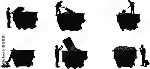Silhouette of workers managing construction waste in dumpsters, recycling, garbage collection, and waste disposal process concept illustration on white background