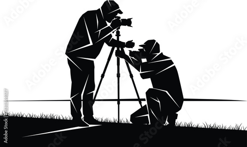 Silhouette photographers working outdoors with camera tripod, teamwork photography concept, professional shooting scene perfect for creative design and editorial themes