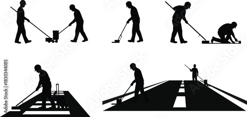 Silhouette road workers painting street markings using construction equipment for safety traffic lane guidance and roadway maintenance during urban infrastructure development