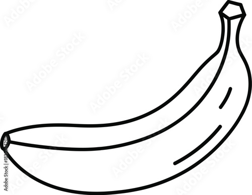 A simple line art illustration of a single ripe banana, with its characteristic curved shape and a small stem, ideal for coloring pages, healthy eating, and fruitrelated educational materials
