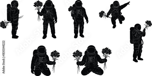 Silhouette set of astronauts holding flower bouquets, space explorers expressing peace, love, and hope in futuristic creative design concept