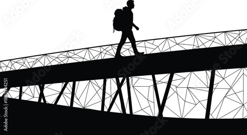 Silhouette traveler walking across modern bridge with backpack, adventure outdoor scene symbolizing journey, freedom, exploration and travel lifestyle inspiration illustration