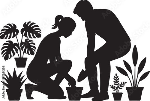 silhouette of couple gardening together, featuring a man and woman planting and tending plants