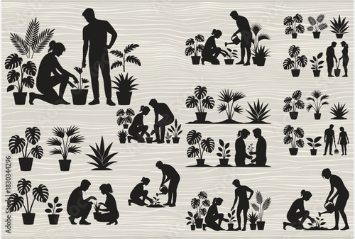 silhouette of couple gardening together, featuring a man and woman planting and tending plants