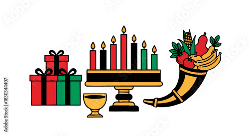 Kwanzaa celebration illustration featuring gifts, kinara with lit candles, unity cup, and cornucopia filled with fruits and vegetables.