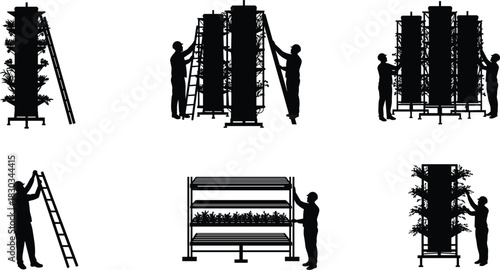 Silhouette workers maintaining vertical farming systems, hydroponic towers and indoor plant structures, agricultural innovation concept showing modern sustainable food production technology