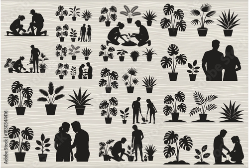 silhouette of couple gardening together, featuring a man and woman planting and tending plants