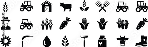Agriculture and farming icons set, tractor vehicle, barn building, organic crop, cow animal, harvest tool, gardening vector symbol, silhouette collection.