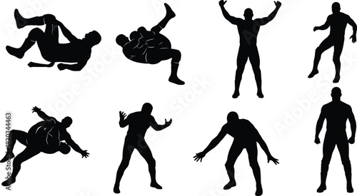 Silhouette wrestling poses set, dynamic fighter actions, grappling, martial arts movement collection, sports training illustration for fitness, combat, competition, gym, and strength design