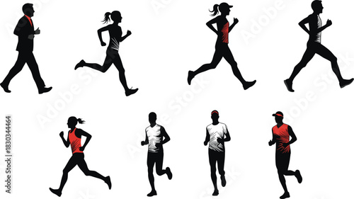 Silhouettes and illustrated figures of men and women jogging and running in dynamic athletic poses, showcasing fitness activity, outdoor exercise, training, and healthy lifestyle
