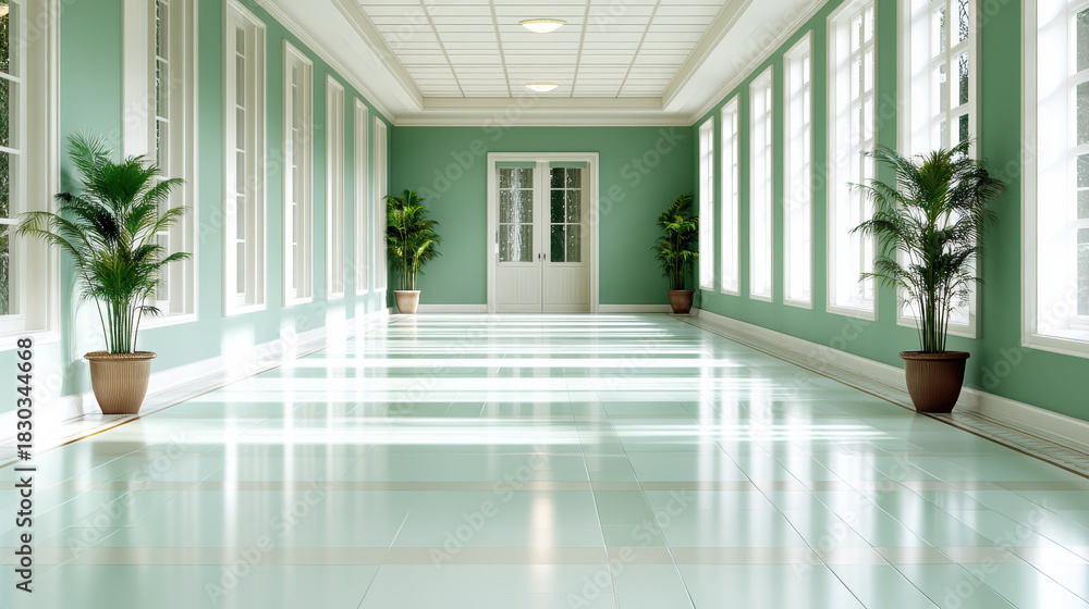 Obraz premium Sunlit corridor with potted plants and large windows, calm airy midcentury feel