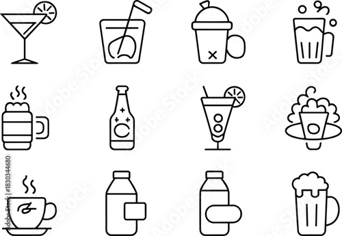 Complete Drinks and Bar Line Icons Set, Featuring Martini, Soda, Takeaway Coffee, Bottled Beverages, and Foamy Beer, Ideal for Restaurant Menus and Mobile App UI Design.