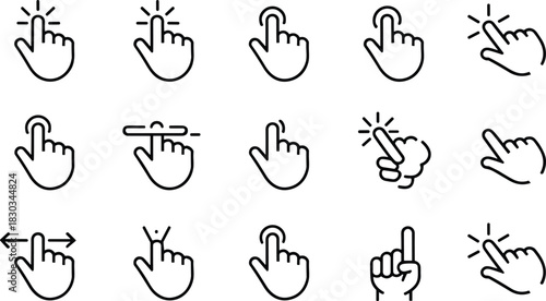Digital Interface Pointer and Hand Cursor Icons Set for Web Design, Featuring Tap, Click, Swipe, and Touch Gestures for Modern App and Mobile Navigation.