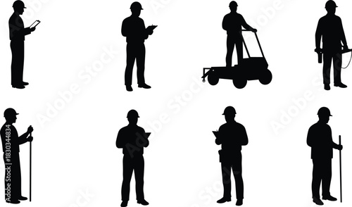 Silhouettes of construction workers with safety helmets using tools, inspecting site plans, measuring, operating machinery, and performing industrial engineering tasks outdoors