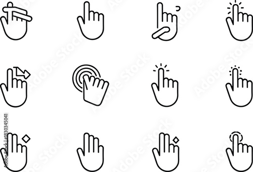 Essential Touch Screen Gesture Icons Line Set, Including Drag, Swipe, Two-Finger Tap, and Pointer Cursors for Modern UI/UX Web and Mobile App Development.