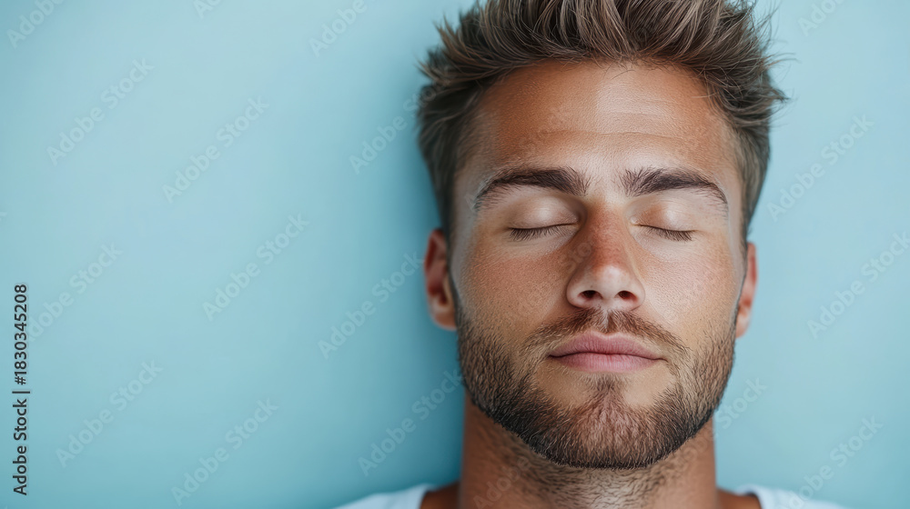 Obraz premium Young man with closed eyes lying against blue background, peaceful expression