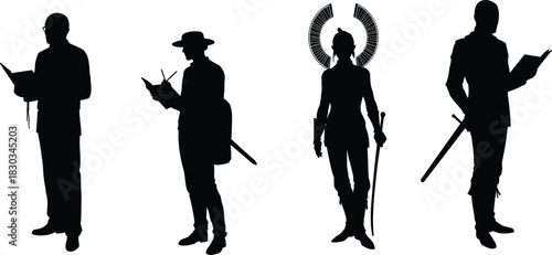 Silhouettes of diverse characters reading books while holding swords, blending education, creativity, fantasy storytelling, warrior symbolism, and intellectual strength in a bold artistic illustration
