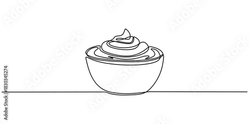 Self drawing animation of single one line drawing one bowl with whipped cream, Full length animated 