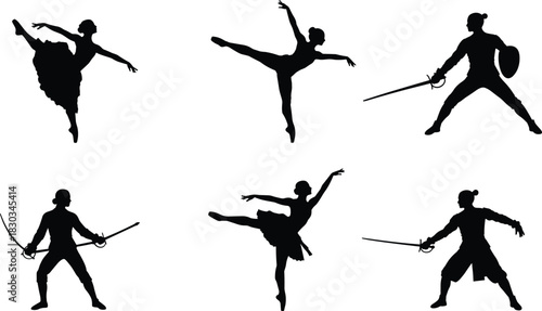 Silhouettes of elegant ballet dancers and dynamic sword fighters, showcasing contrast between graceful performance art and action combat poses for creative vector illustration