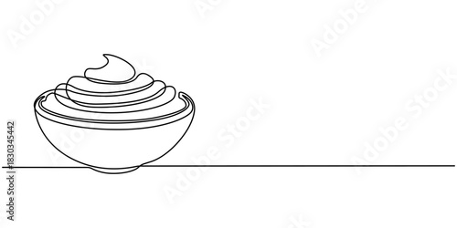 Self drawing animation of single one line drawing one bowl with whipped cream, Full length animated 