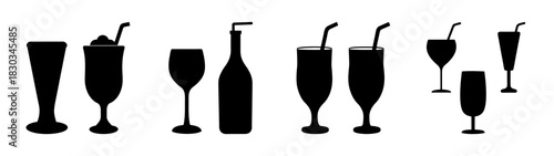 Silhouettes of various types of beverage containers including glasses and a bottle