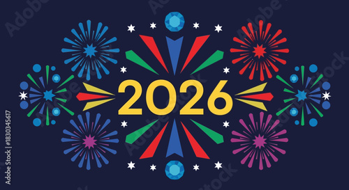 Vibrant 2026 New Year celebration design with colorful fireworks, perfect for festive invitations, posters, and holiday promotions. Spark joy and excitement this season!