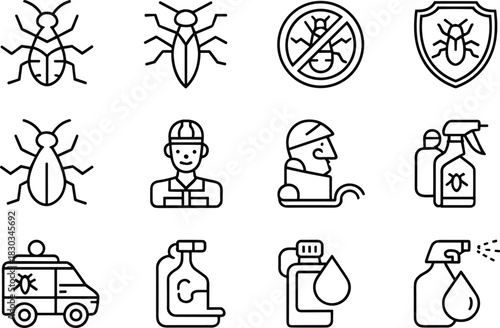 Pest control icon set, insect extermination symbols, vector line art, bug spray, termite protection, fumigation service, professional worker, safety shield, chemical bottle collection.