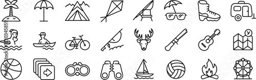 Summer holiday icon set, camping and outdoor activity symbols, travel vector line art, beach vacation, hiking gear, sport equipment, nature outline collection.