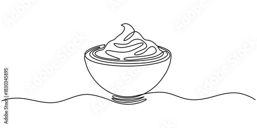Self drawing animation of single one line drawing one bowl with whipped cream, Full length animated 