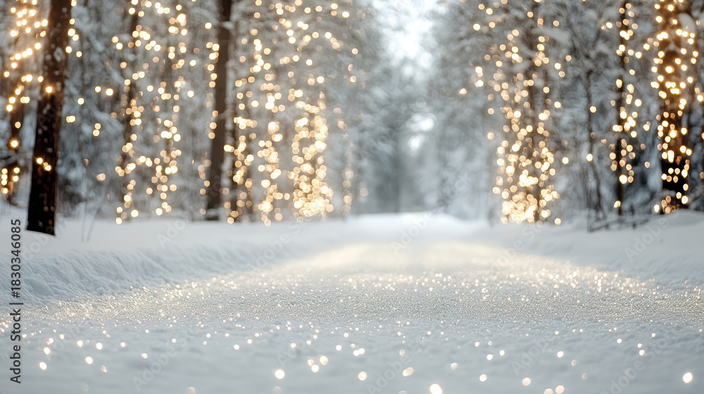 Obraz premium Snowy forest path lit by warm fairy lights, sparkling snow and peaceful winter glow