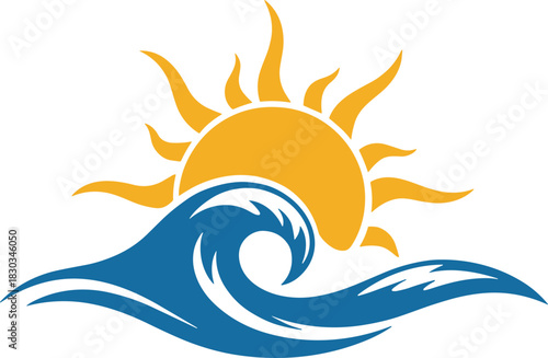 Sun and wave logo vector, summer ocean sunrise illustration, sea water surf, beach holiday symbol, nature icon design, morning sunshine.