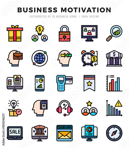 Set of Business Motivation Icons. Simple line art style icons pack.