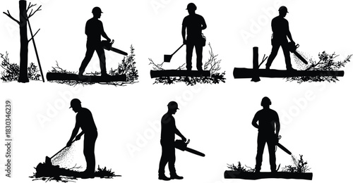 Silhouettes of lumberjack workers using chainsaws and axes cutting wood, forestry crew managing logs, tree removal team performing outdoor logging tasks