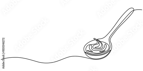 Continuous one line drawing caramel liquid poured into a spoon. Want to taste the extraordinary pleasure in the mouth. Sweetness. National Caramel Day. Single line draw design vector illustration