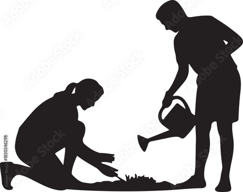 silhouette of couple gardening together, featuring a man and woman planting and tending plants