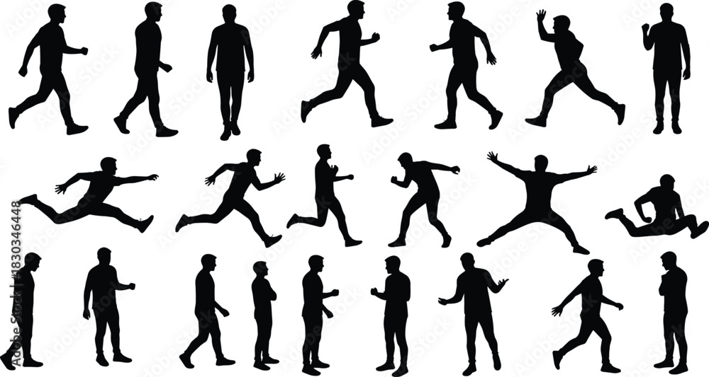 Naklejka premium Silhouettes of men walking, running, jumping, standing and thinking, human motion poses, active lifestyle, movement and body gesture concept