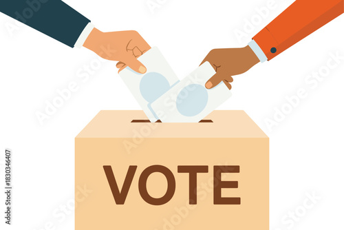 Voting hands vector, diverse people casting ballot, election box illustration, democracy concept, political choice symbol, polling station, right to vote.
