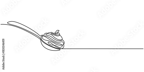 Continuous one line drawing caramel liquid poured into a spoon. Want to taste the extraordinary pleasure in the mouth. Sweetness. National Caramel Day. Single line draw design vector illustration