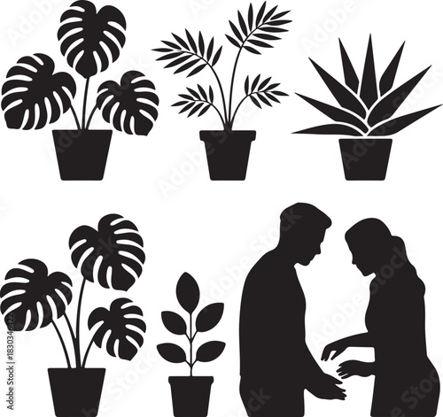 silhouette of couple gardening together, featuring a man and woman planting and tending plants